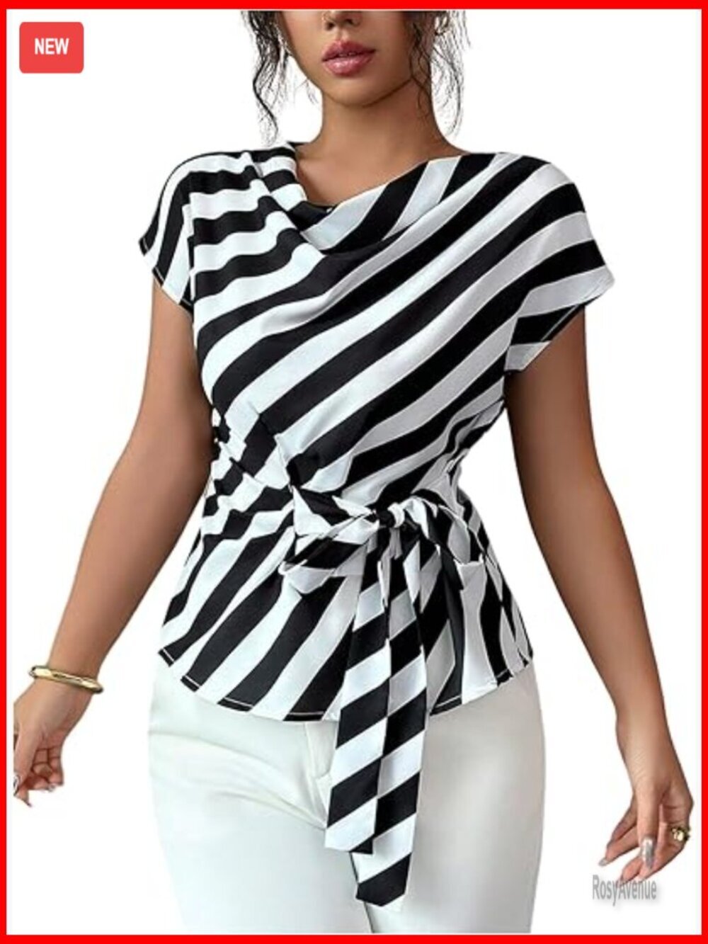 Striped Tie Front Blouse Elegant Drape Cowl Neck Dolman Sleeve Shirt